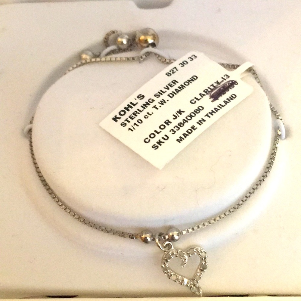 NWT Dainty Heart 1/10 ct Diamond Silver Bracelet